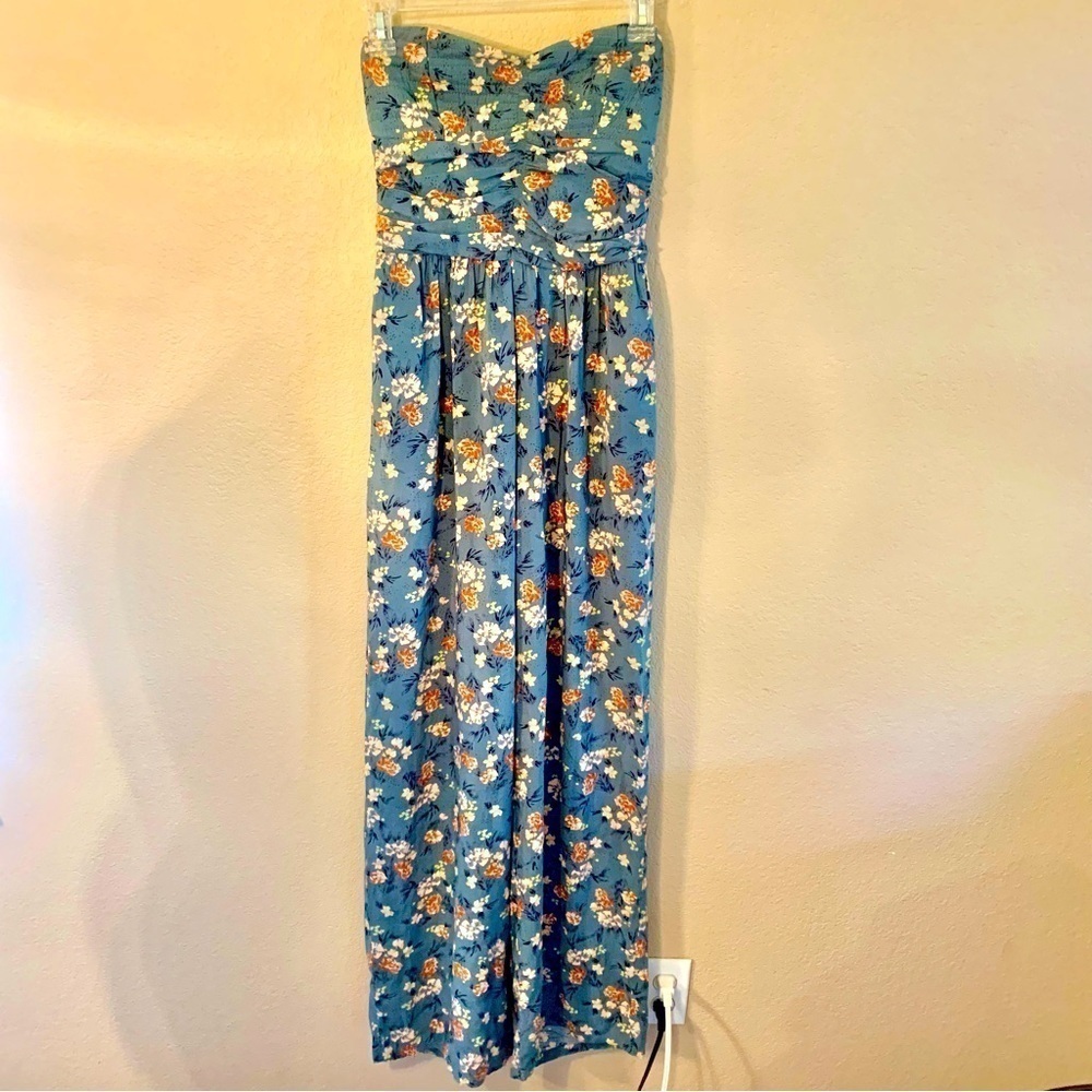 BOG Collective Jumpsuit Small Sleeveless Ocean Blue Boho Floral Cotton
